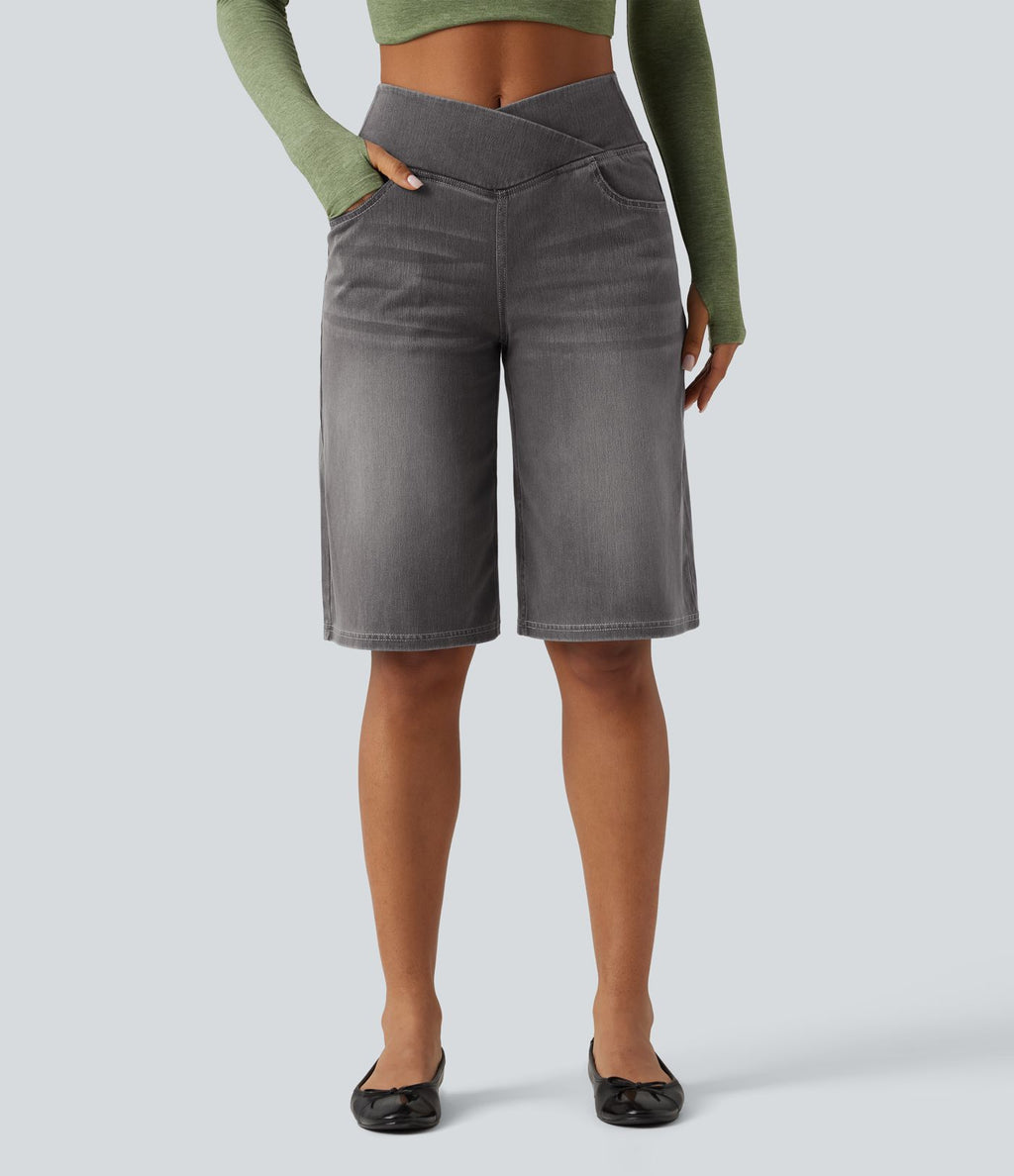 Short en jean ample Halara Flex™ taille haute croisé gainant décontracté avec poches