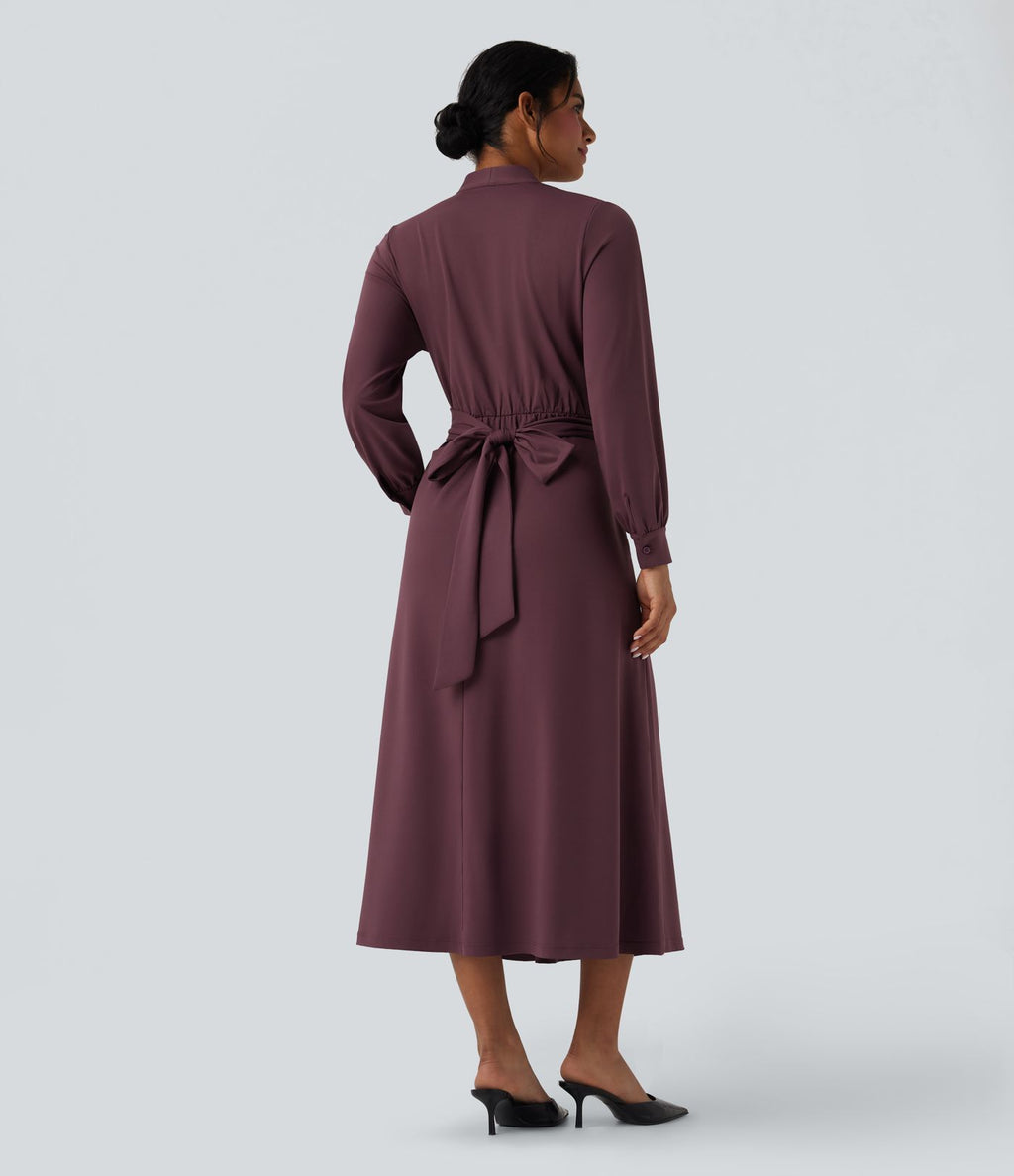 Robe de travail mi-longue col V manches longues liens dos avec poches