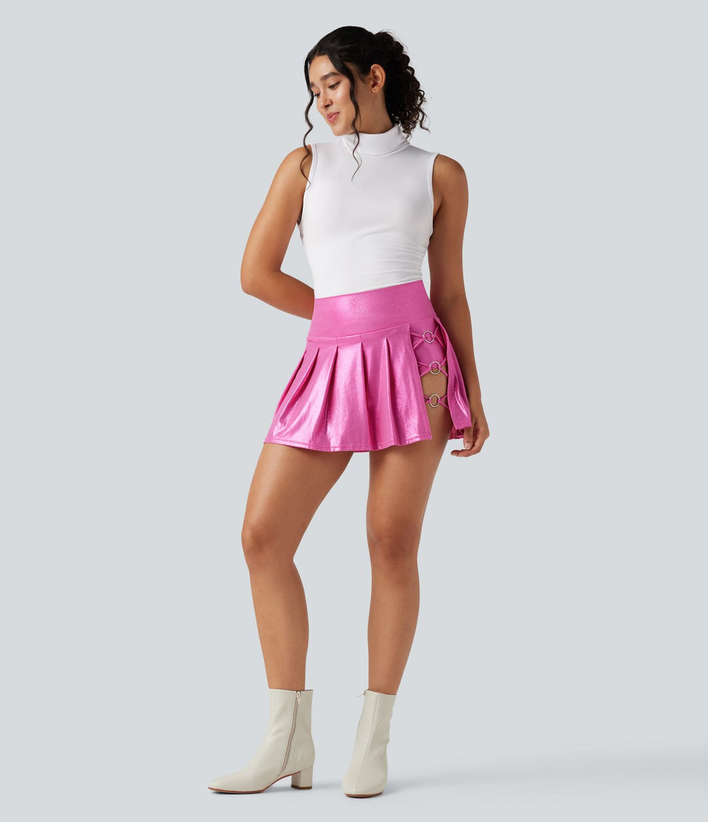 Mini-jupe 2-en-1 taille haute SoftlyZero™ en simili, plissée, effet sparkle métallisé, extensible, avec poches
