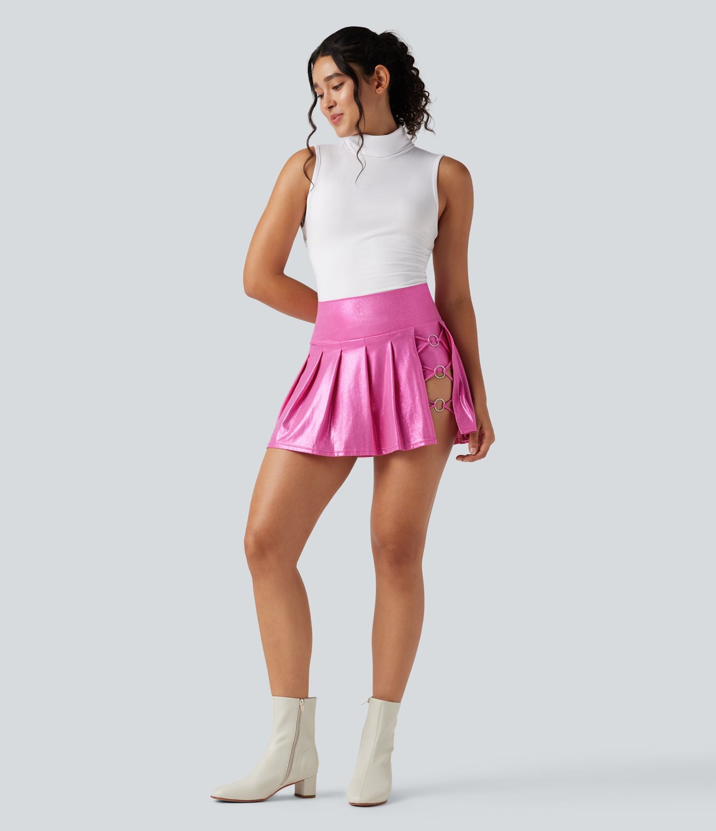 Mini-jupe 2-en-1 taille haute SoftlyZero™ en simili, plissée, effet sparkle métallisé, extensible, avec poches