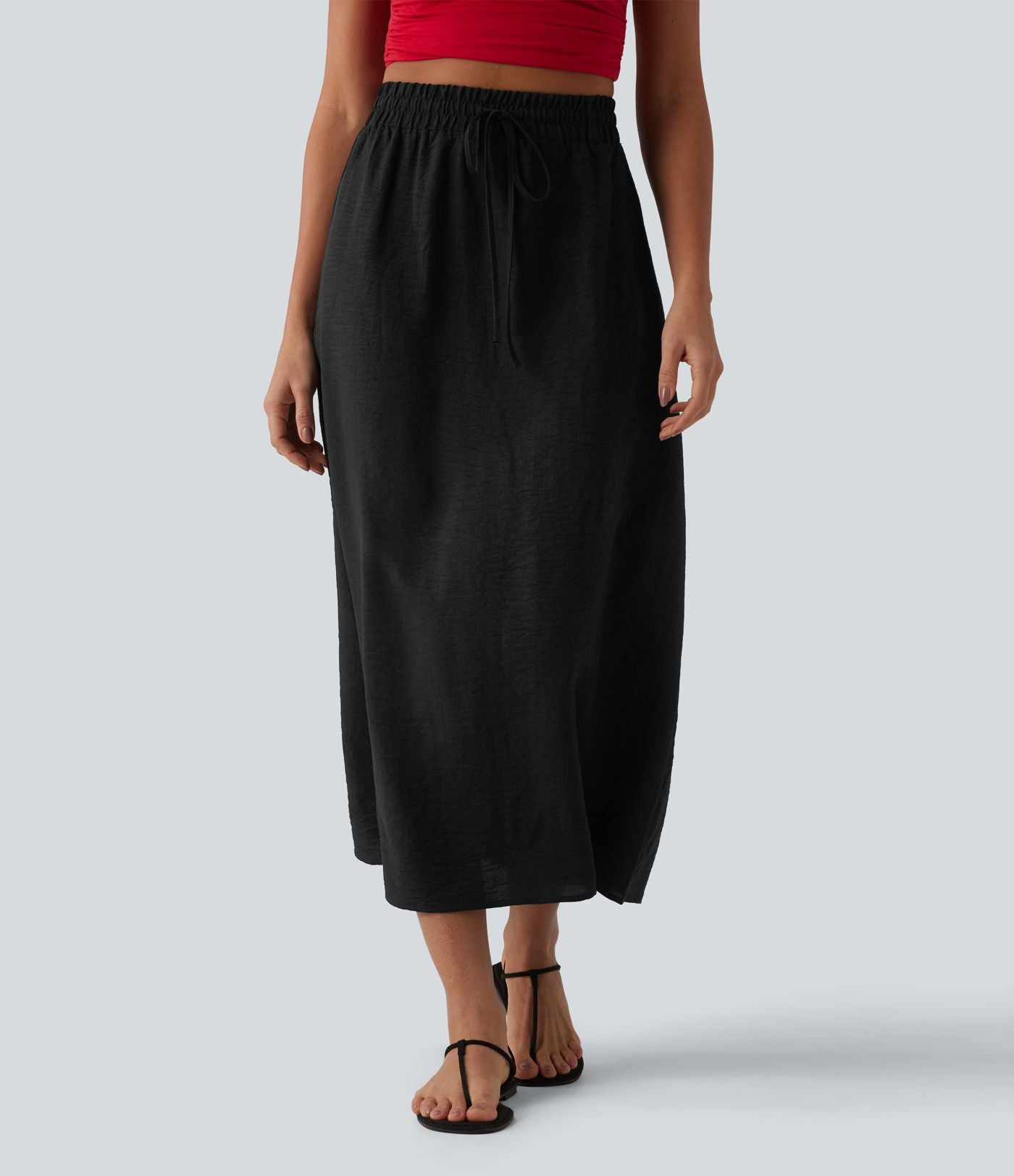 Jupe longue casual aspect lin taille haute avec cordon de serrage