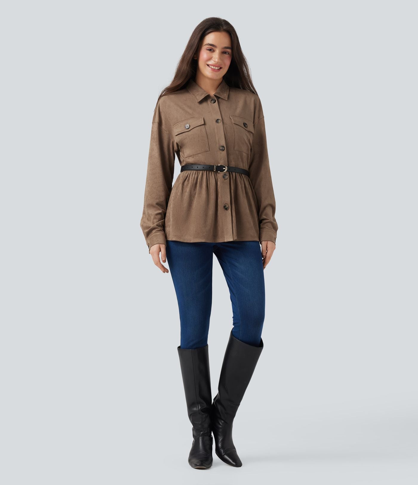 Veste-chemise décontractée effet daim manches longues à ourlet volants avec poches