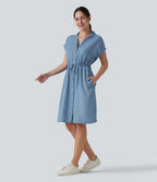 Robe-chemise casual denim en lyocell drapé à col, cordon de serrage, braguette boutonnée et poches