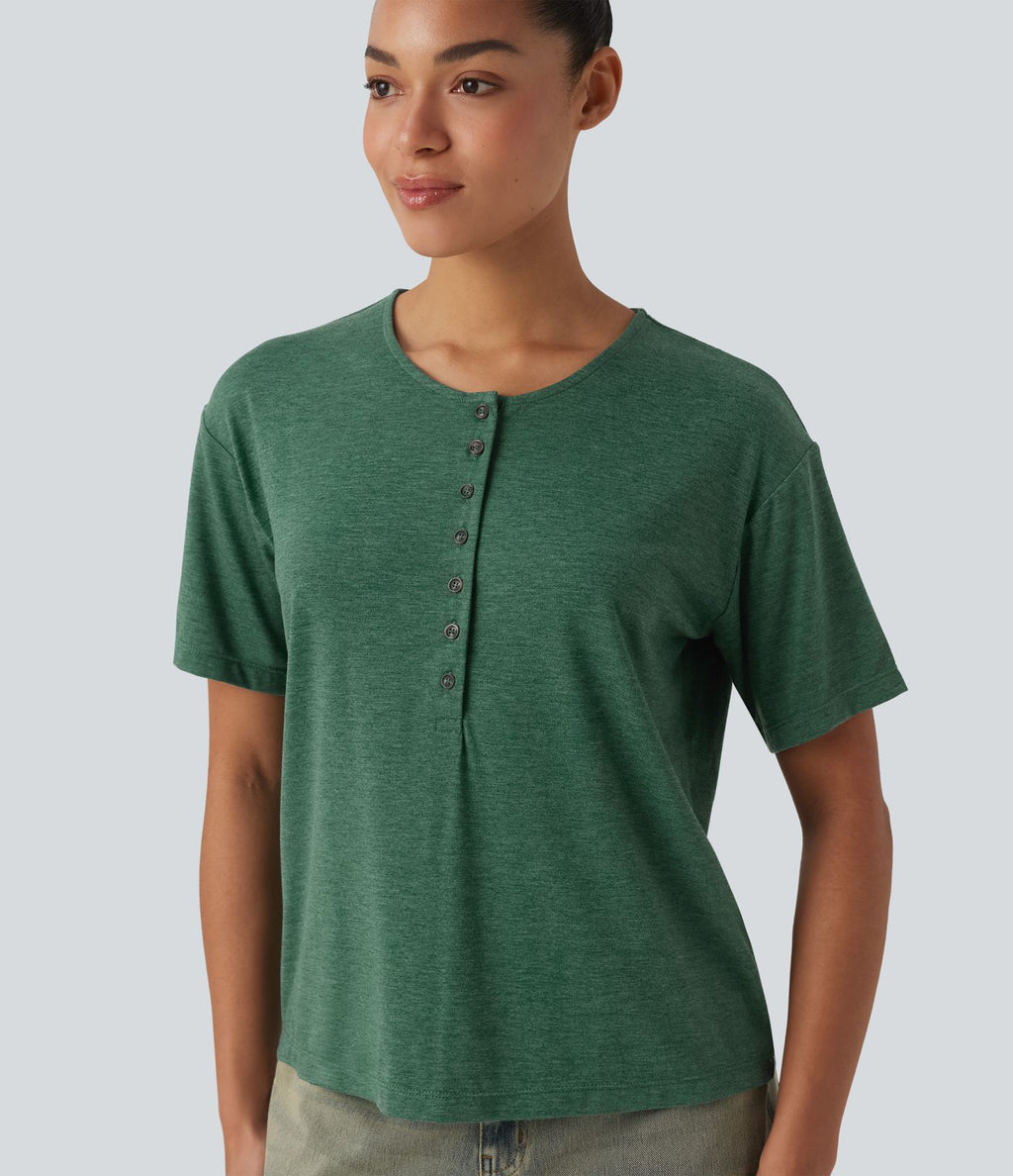 T-shirt casual ample chiné henley manches courtes
