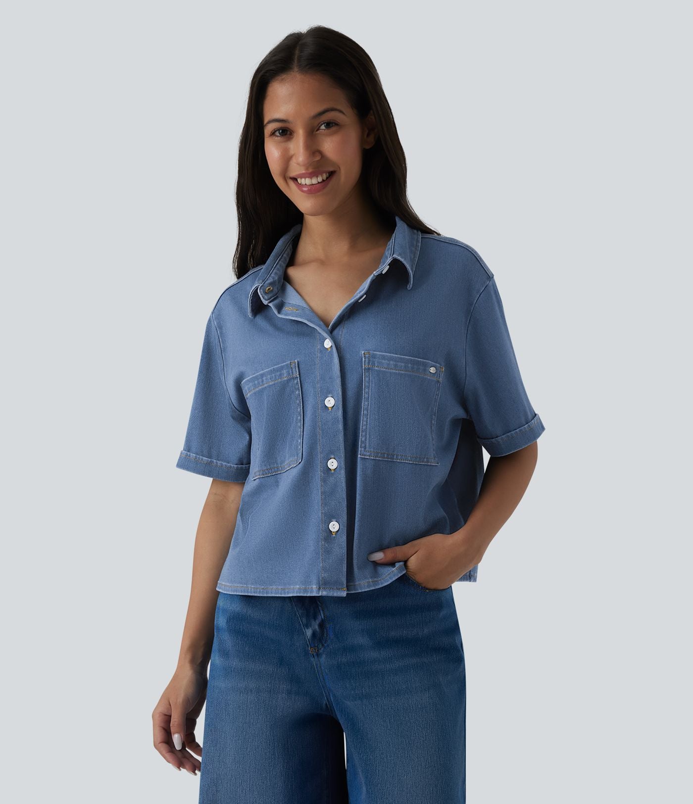 Halara Flex™ Chemise casual à manches courtes en denim lyocell drapé avec poches