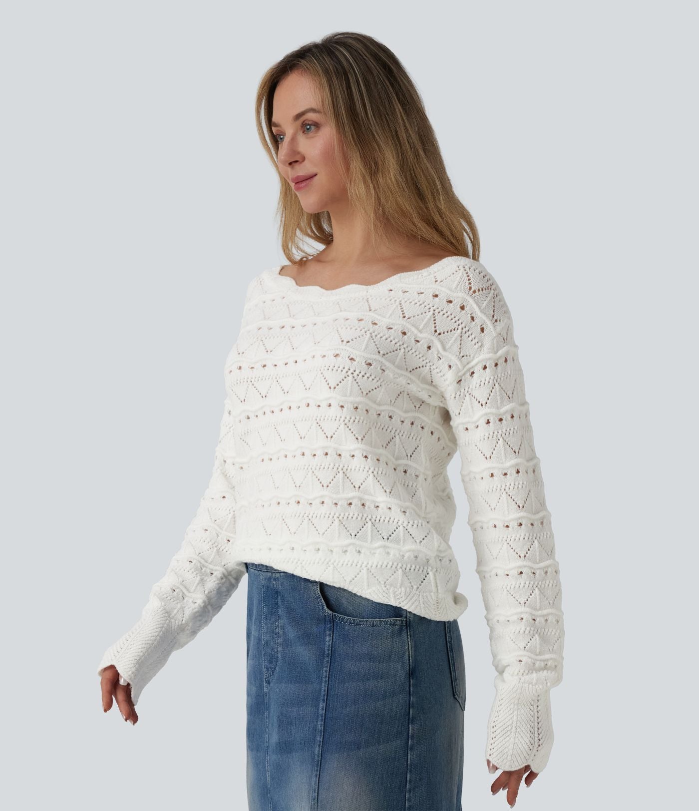 Pull décontracté col bateau manches longues maille ajourée