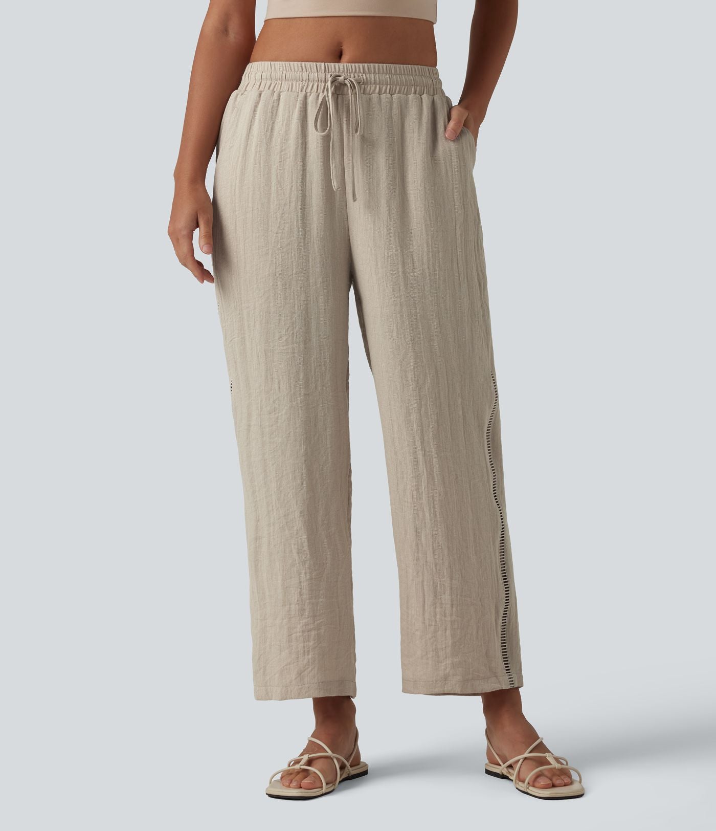 Pantalon droit taille mi-haute aspect lin avec cordon de serrage et poches