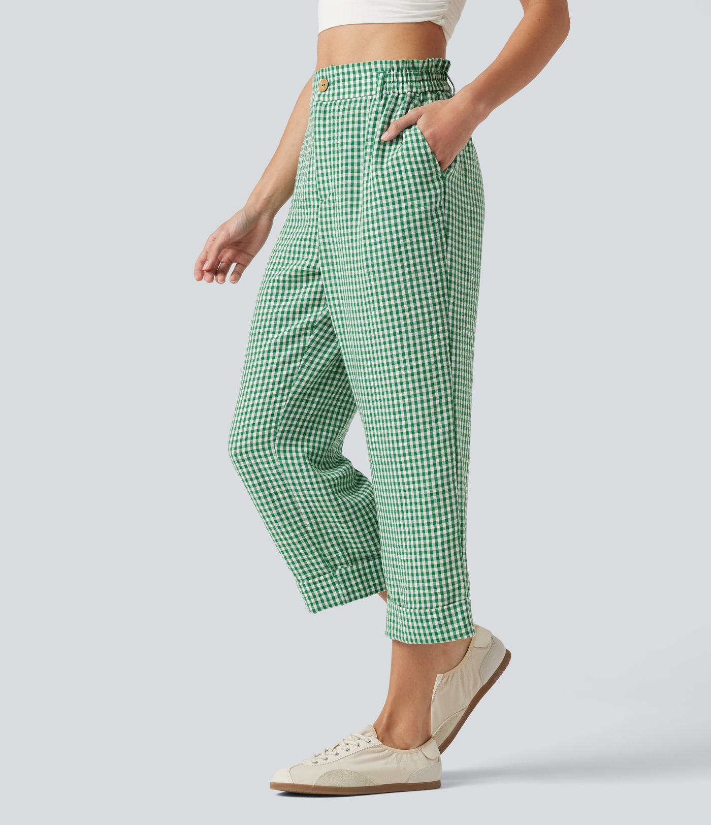 Pantalon 7/8 décontracté aspect lin à carreaux taille haute avec poches