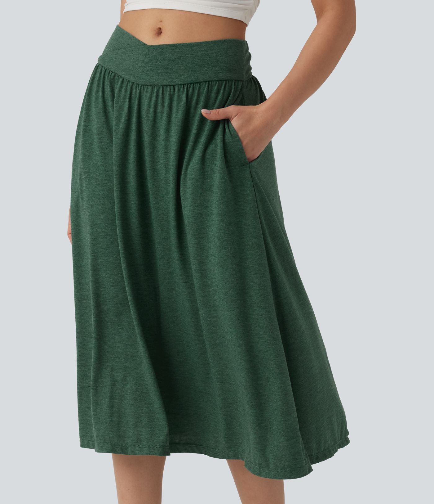 Jupe midi casual fluide croisée taille haute avec poches