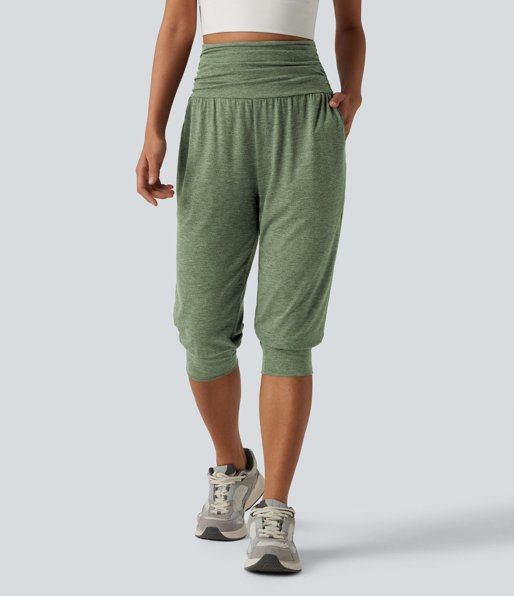 Jogging yoga corsaire chiné taille haute à fronces avec poches