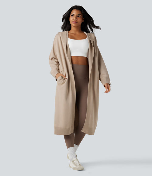Cardigan long à capuche manches longues avec poches