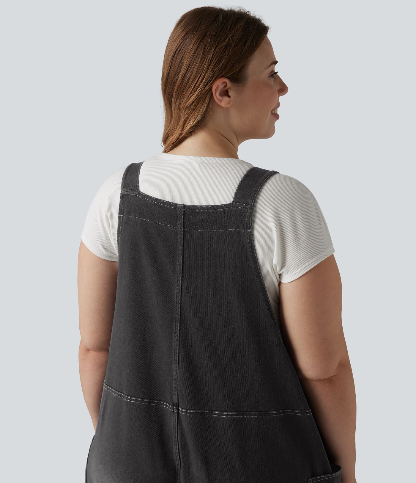 Salopette décontractée Halara Flex™ grande taille en maille denim extensible délavée col V avec poches