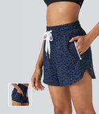 Short de jogging 2-en-1 taille haute avec cordon à imprimé léopard et ourlet incurvé avec poches