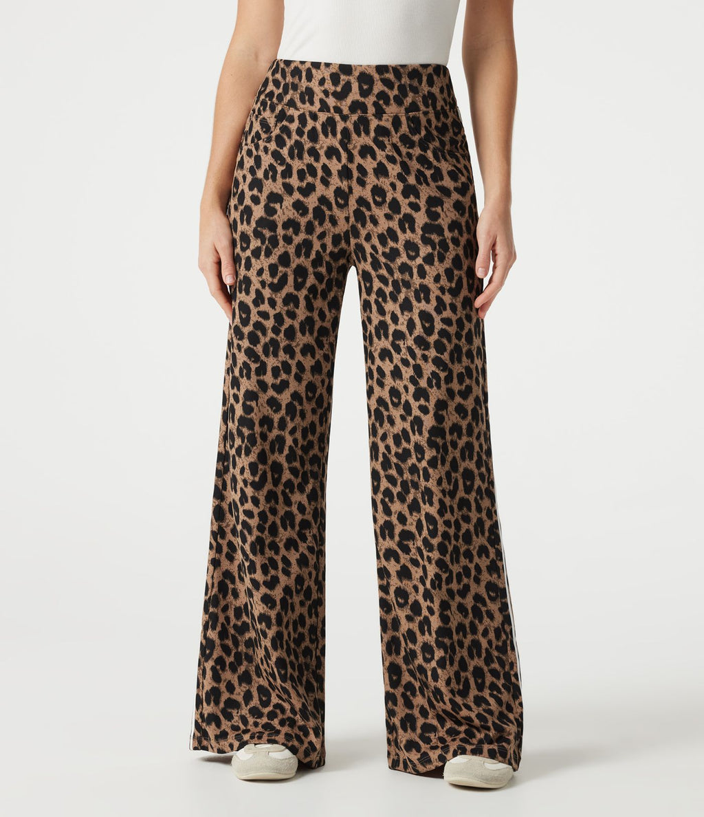 Pantalon léopard décontracté ample color block, taille haute, en tissu gaufré, à poches
