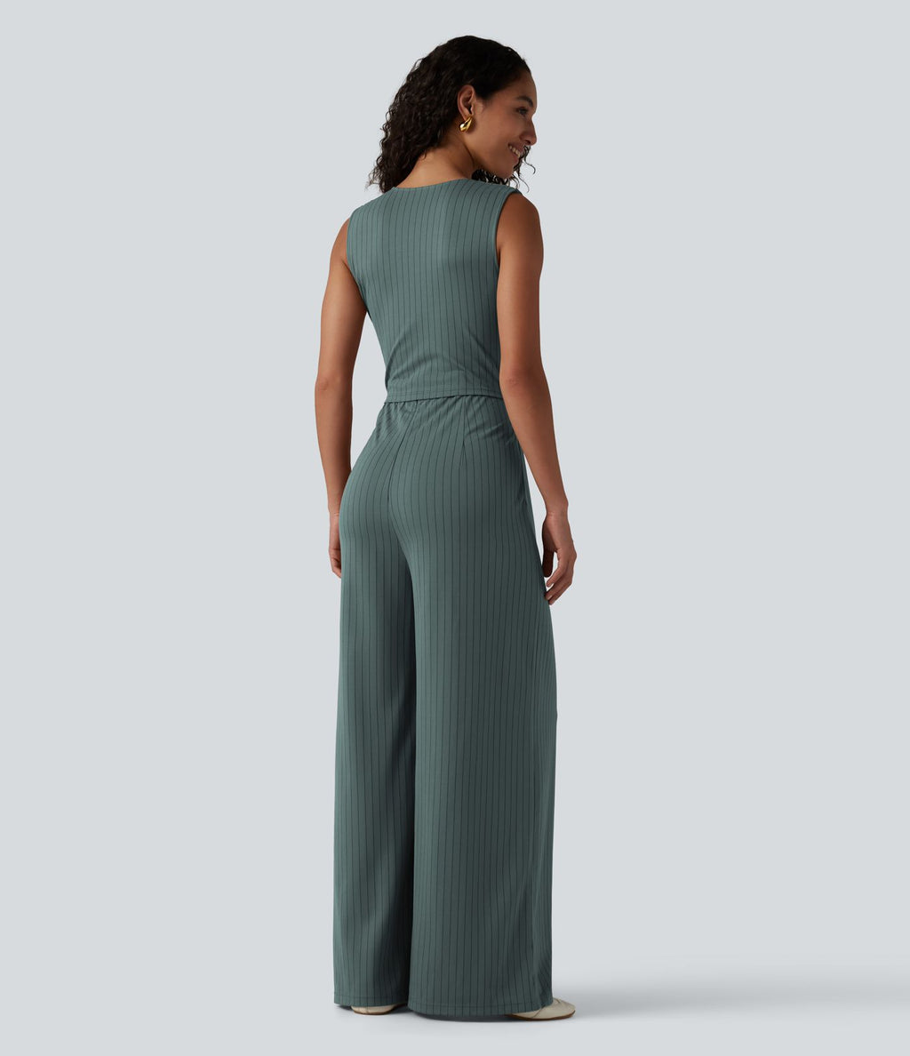 Combinaison tailleur col V sans manches à rayures et fronces avec poches - Easy Peasy