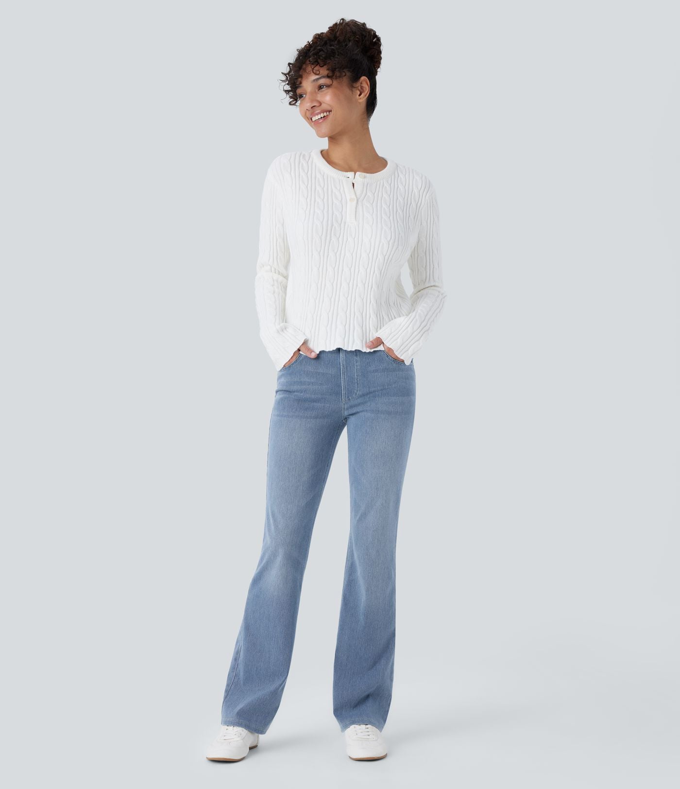 Halara Flex™ Jean bootcut décontracté extensible délavé taille haute à poches multiples