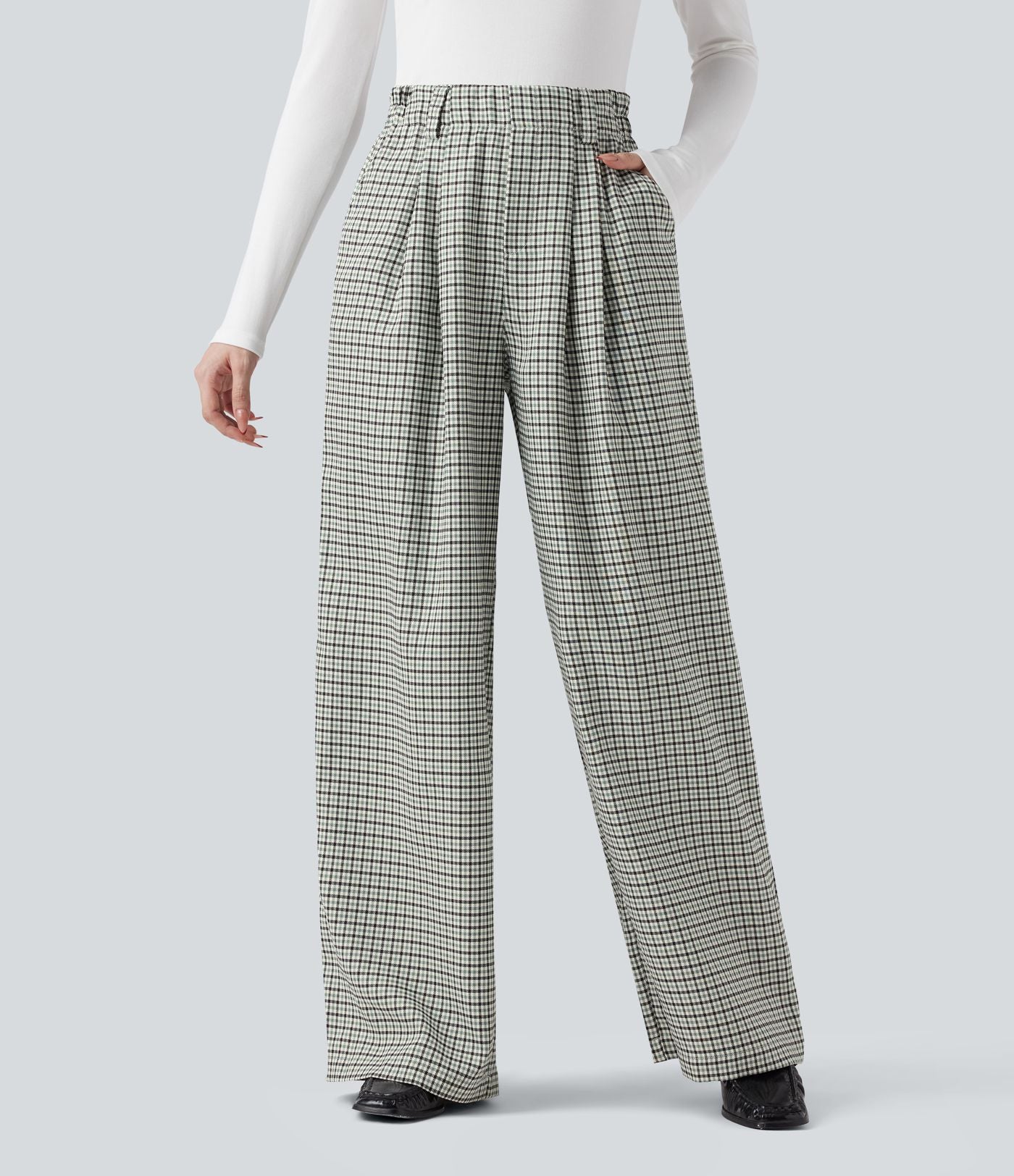 Pantalon tailleur ample taille haute à carreaux avec poches