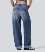 Jean barrel leg Halara Flex™ taille mi-haute, à revers avec poches