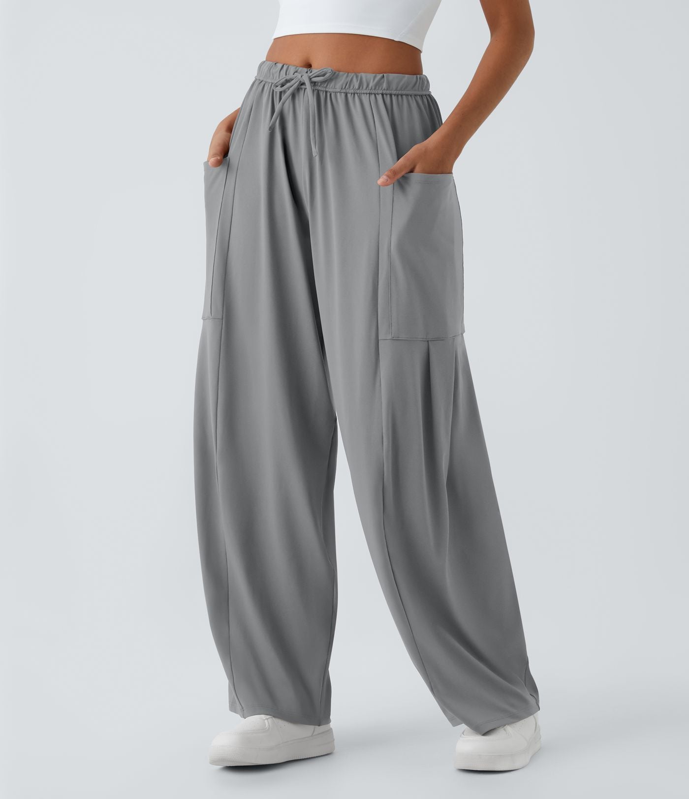 Pantalon Large Fluide Taille Mi-Haute Taille Élastique Cordon Poches Latérales Ourlet Flottant