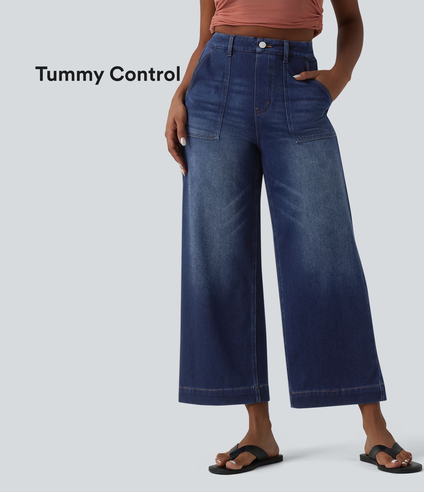 Jean large 7/8 casual Halara Flex™ taille haute ventre plat avec poches