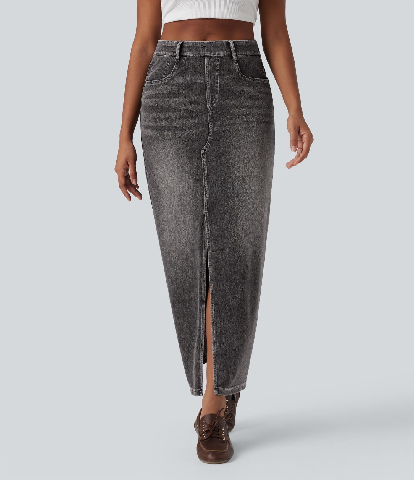 Jupe longue droite en denim délavé Halara Flex™ taille haute avec poches
