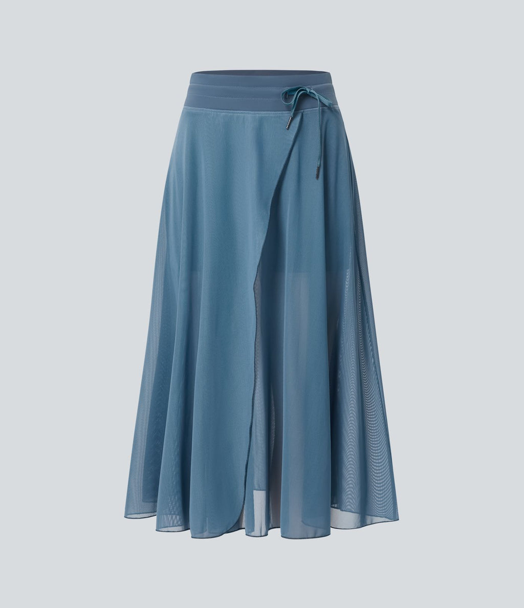Jupe Casual Évasée Mesh Mi-Longue Fuide 2 en 1 Contrastée Taille Haute Cordon Poche Latérale