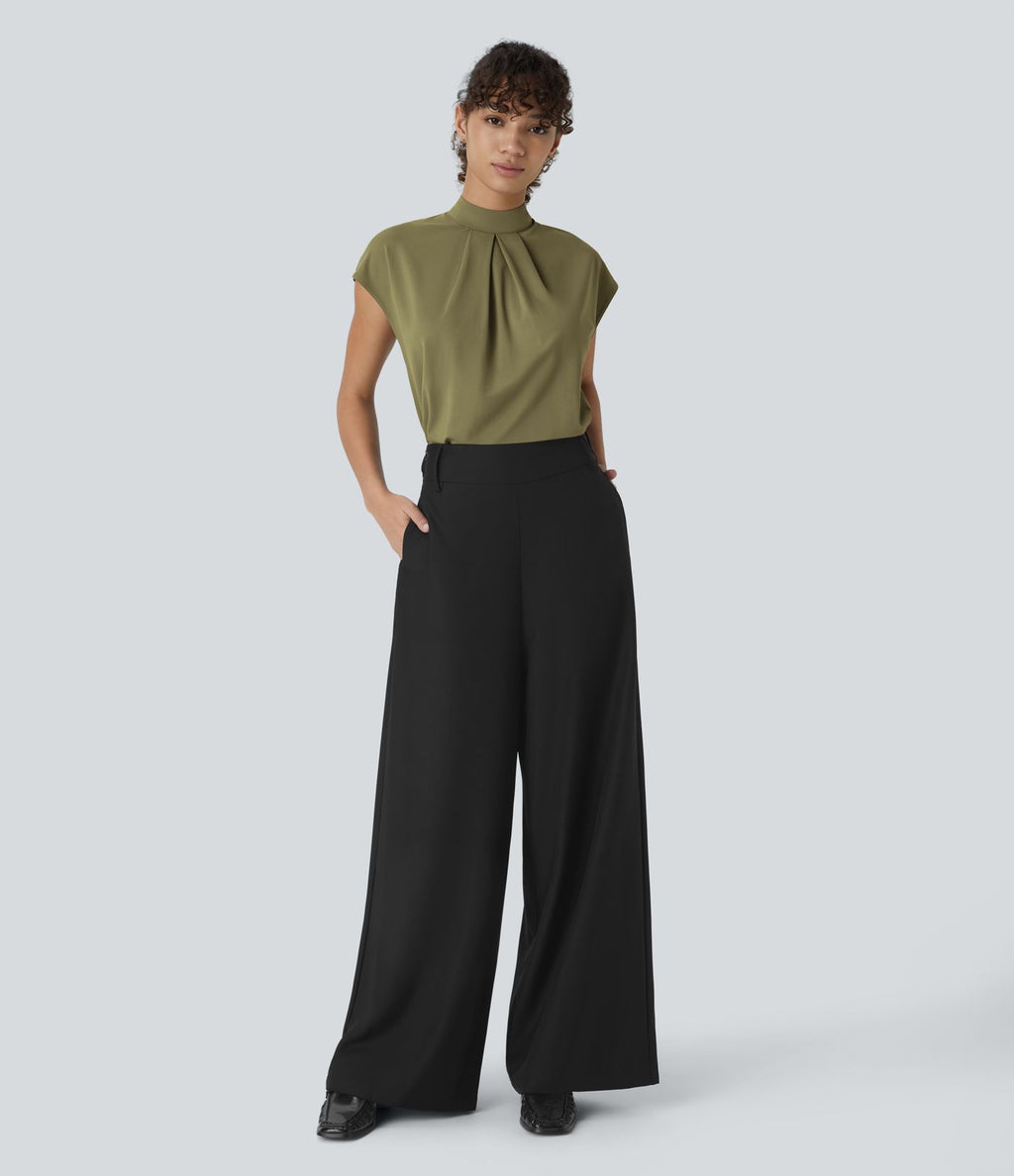 Blouse de Travail à Col Montant Plissée avec Boutons dans le Dos et Manches Courtes