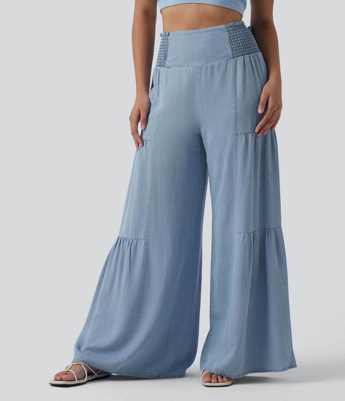 Jean large décontracté drapé taille haute en lyocell avec cordon de serrage et poches