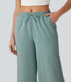 Pantalon large fluide casual 2 en 1 taille mi-haute avec cordon de serrage, dentelle contrastante, poches et aspect lin