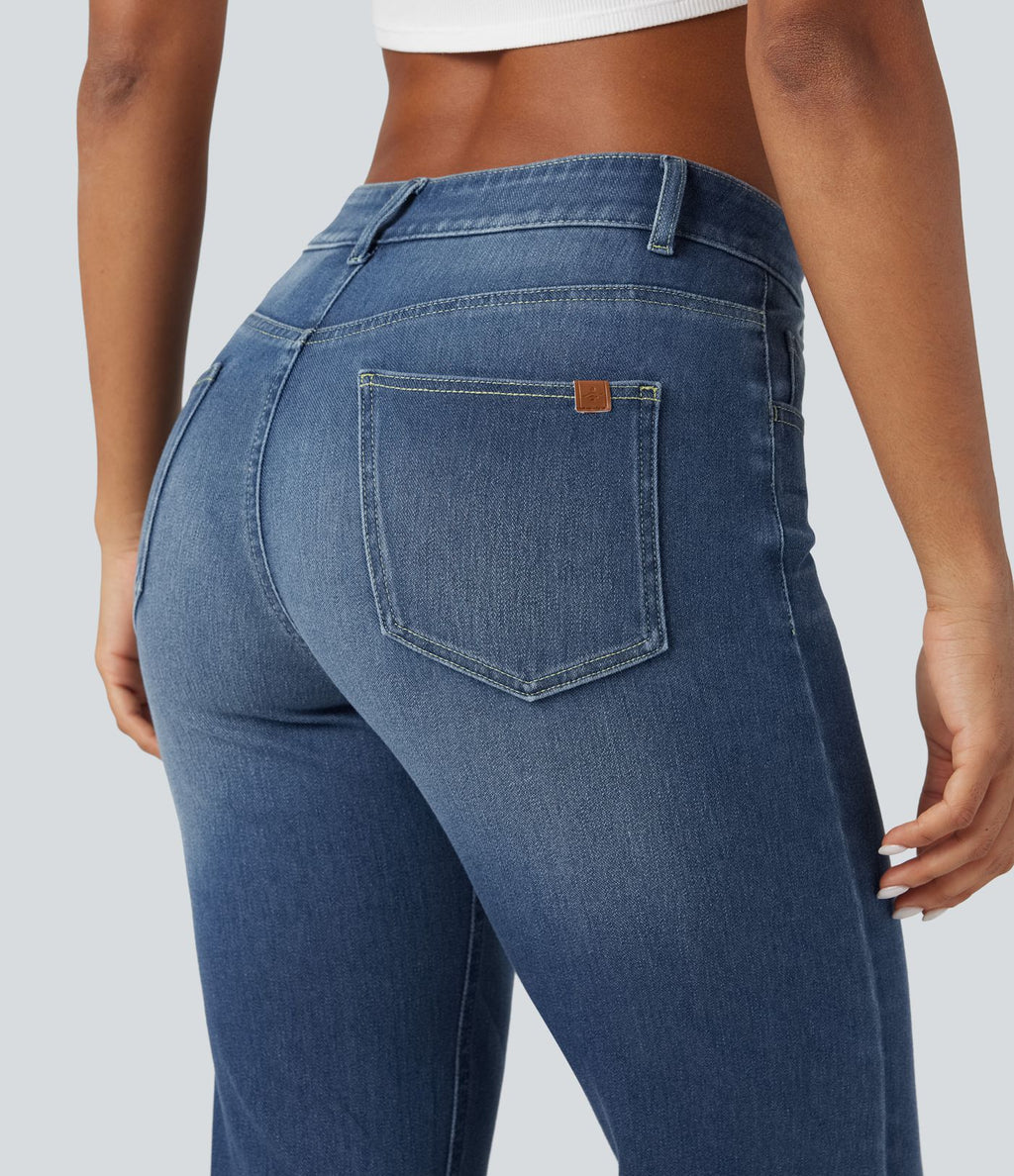 Jean décontracté Halara Flex™ taille basse à jambes droites avec bouton, fermeture éclair, multiples poches, effet délavé en maille extensible