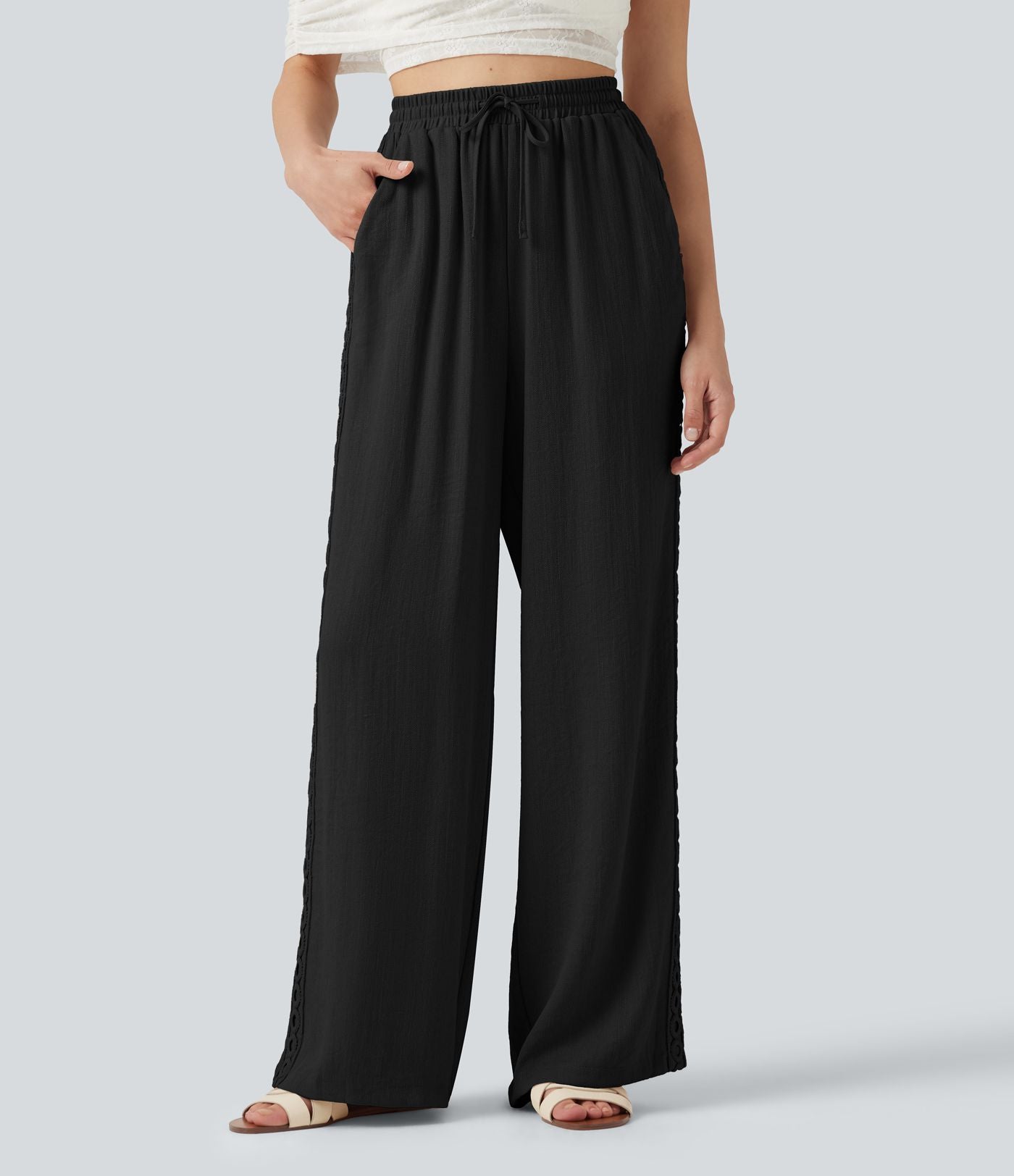 Pantalon décontracté taille haute à cordon de serrage, effet lin, avec poches