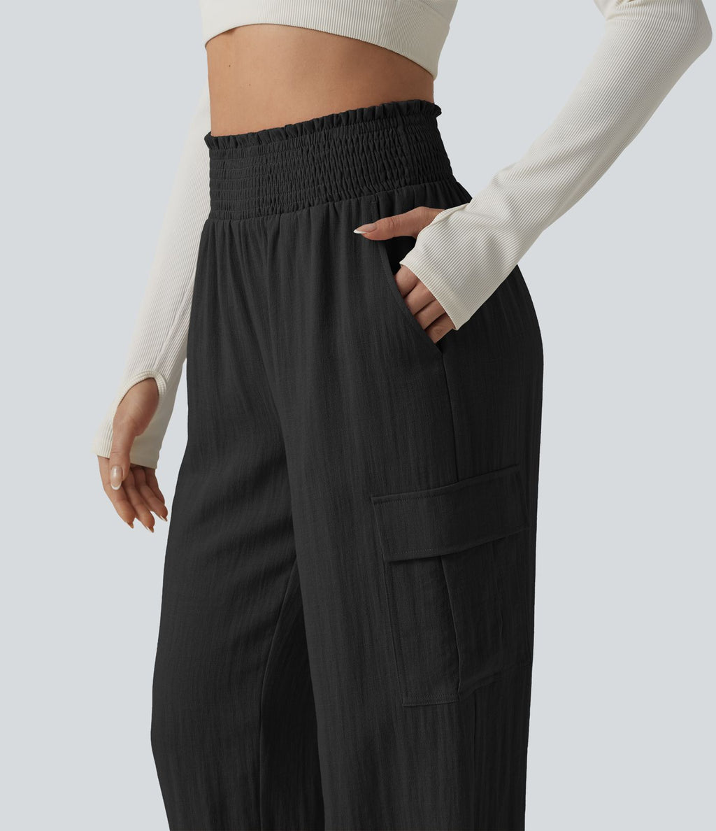 Pantalon cargo décontracté taille haute froncé, aspect lin, avec poches