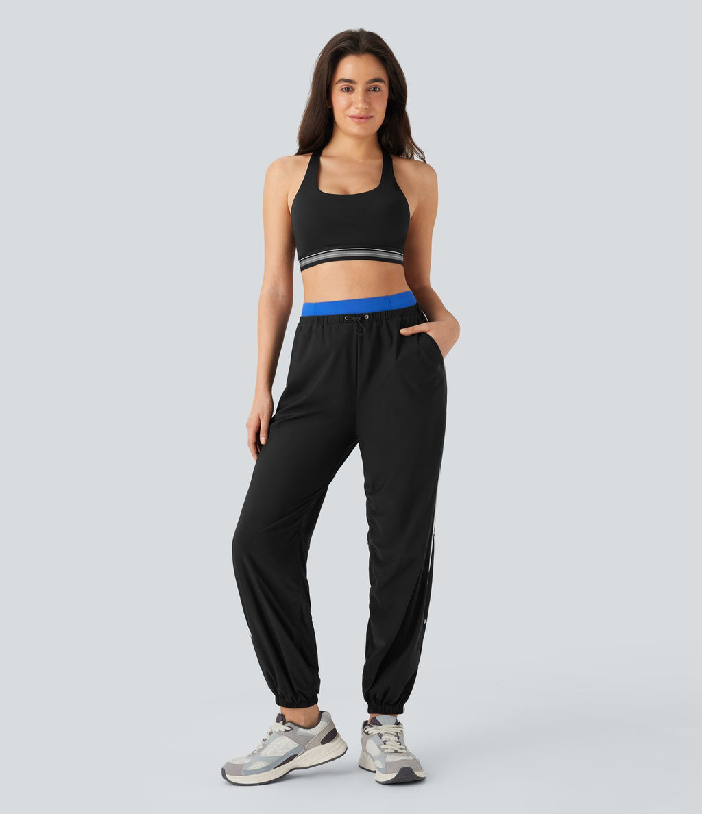 Jogging de danse à taille basse, cordon ajustable, bandes colorées, séchage rapide et poches latérales