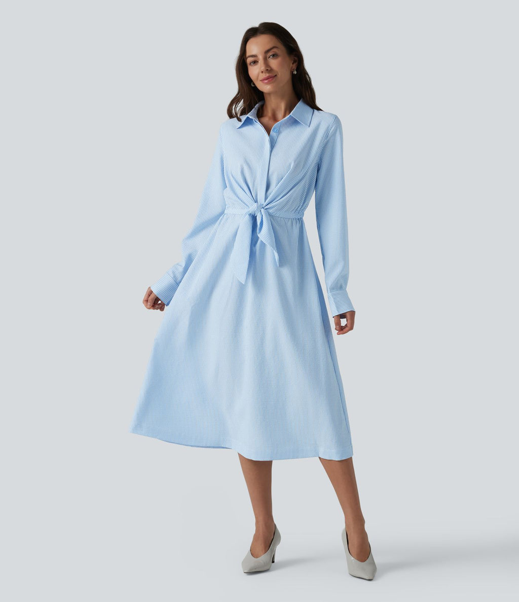 Robe chemise midi habillée à col, manches longues, lien à nouer devant et rayures