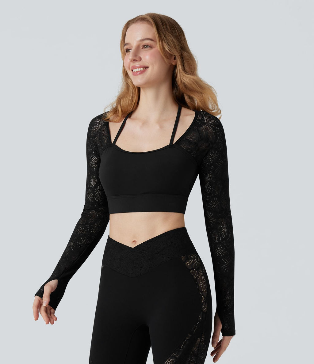 Top yoga court SoftlyZero™ dentelle contrastante dos nu manches longues avec trous pouces
