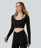 Top yoga court SoftlyZero™ dentelle contrastante dos nu manches longues avec trous pouces