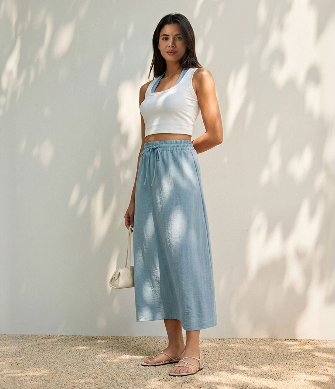 Jupe longue casual aspect lin taille haute avec cordon de serrage