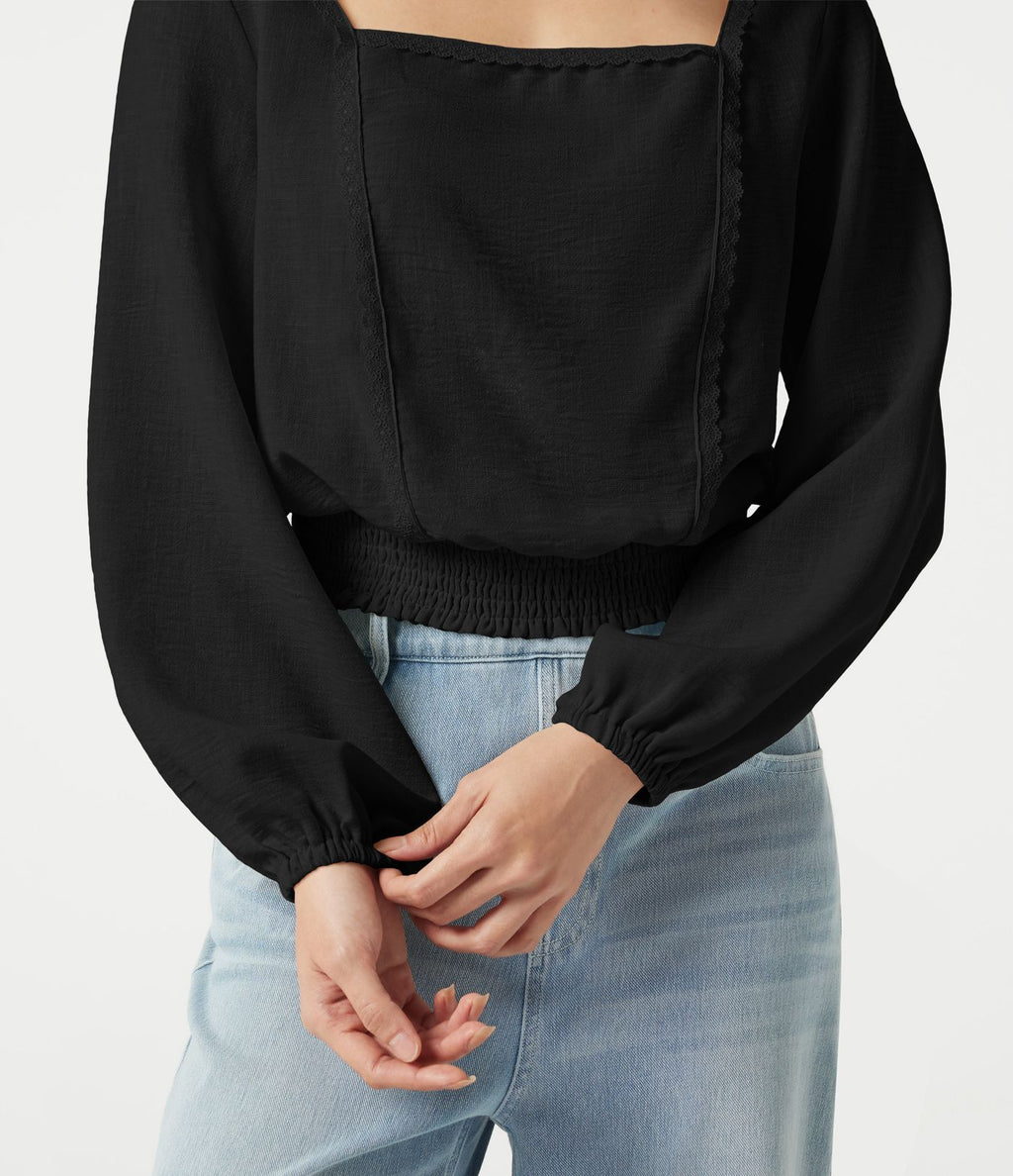 Blouse casual effet lin à col carré, manches bouffantes, lien au dos, empiècement en dentelle et détails froncés