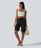 Short décontracté taille haute en lin mélangé avec cordon de serrage et poches, 25 cm