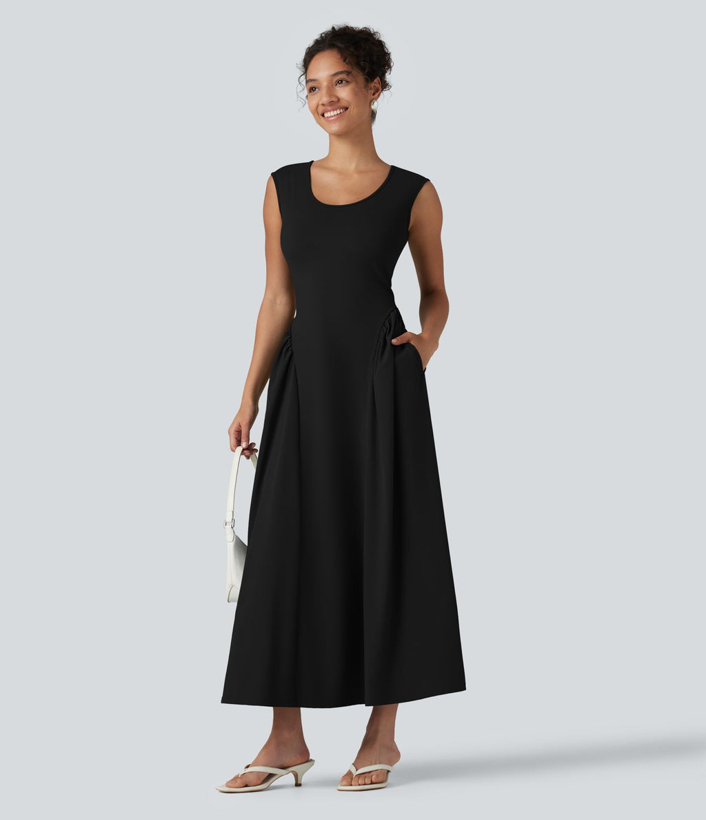 Robe longue casual fluide col U sans manches avec poches