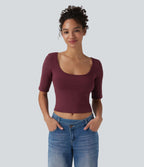 T-shirt décontracté côtelé col rond échancré manches courtes