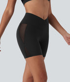 Short cycliste de yoga Softlyzero™ taille haute avec design croisé, filet contrasté, poche arrière et protection UPF50+ - 12,5 cm