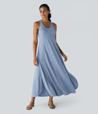 Robe Casual Débardeur Longue Fluide Fendue Dos Nu à Col en U