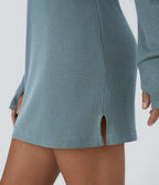 Robe Sweatshirt Casual Col Bateau Manches Raglan Avec Trous Pour Les Pouce Ourlet Fendu en Waffle