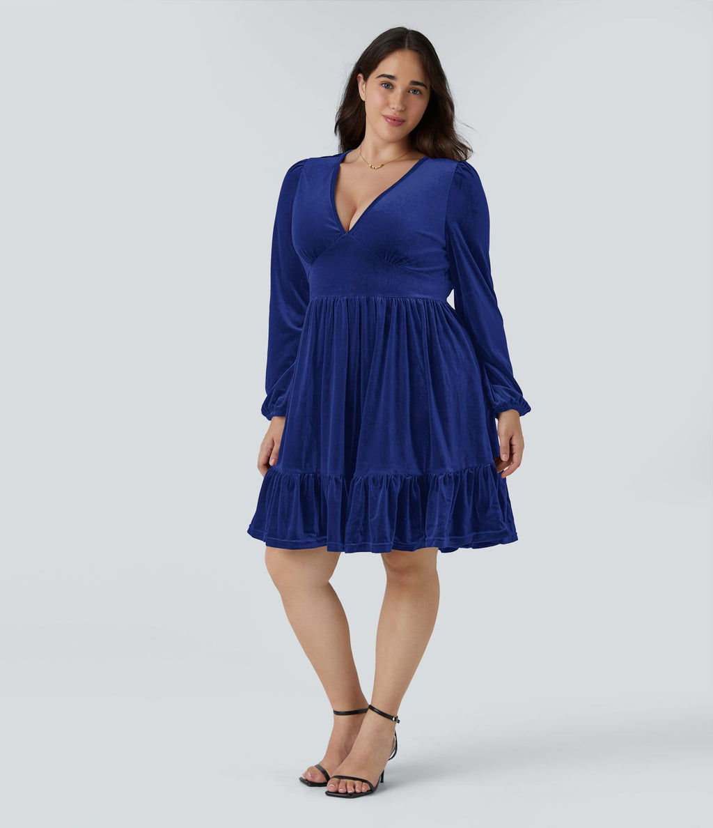 Quotidien de Robe Velours Mini Grande Taille avec Décolleté Profond en V et Ourlet à Volants
