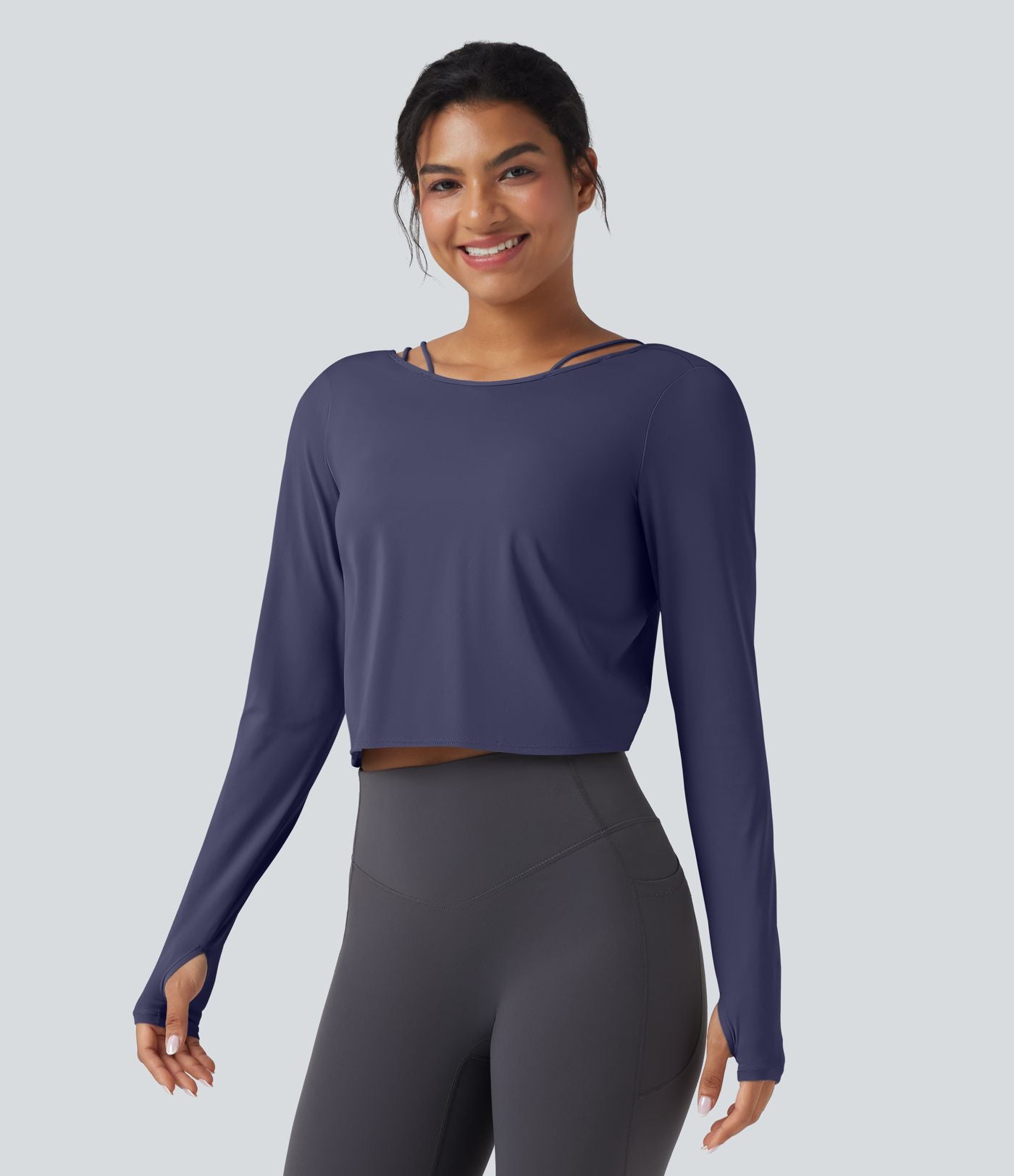 Top de sport yoga SoftlyZero™ QuickDry 2-en-1 dos nu torsadé manches longues avec trous pouces