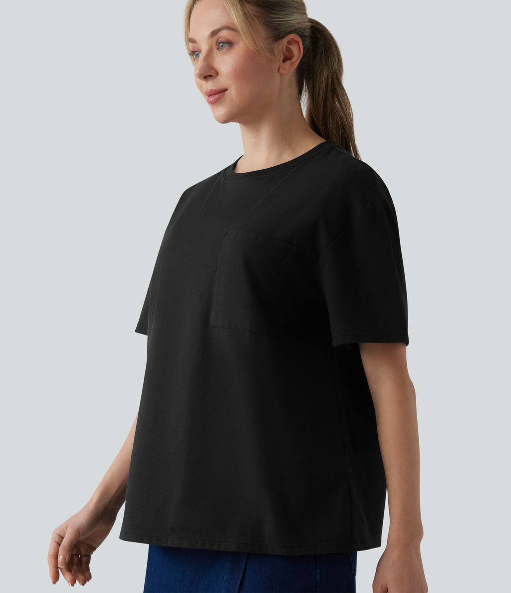 T-shirt casual oversize col rond manches courtes en coton avec poche