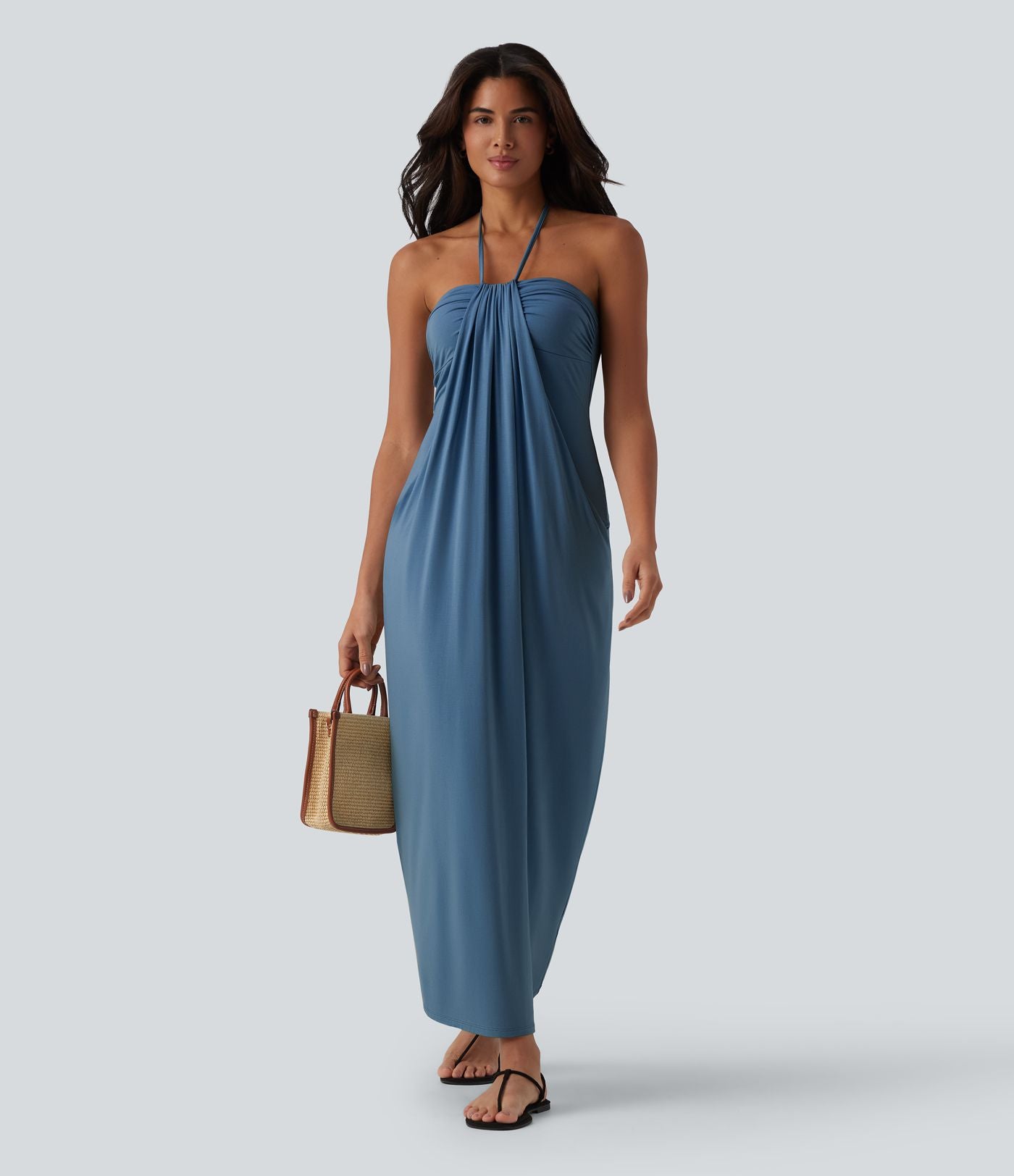 Robe longue dos nu col licou avec nœud et poches