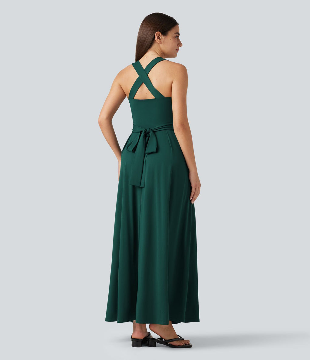 Robe longue fluide décontractée sans manches décolleté en cœur bretelles croisées avec lien dans le dos et poches
