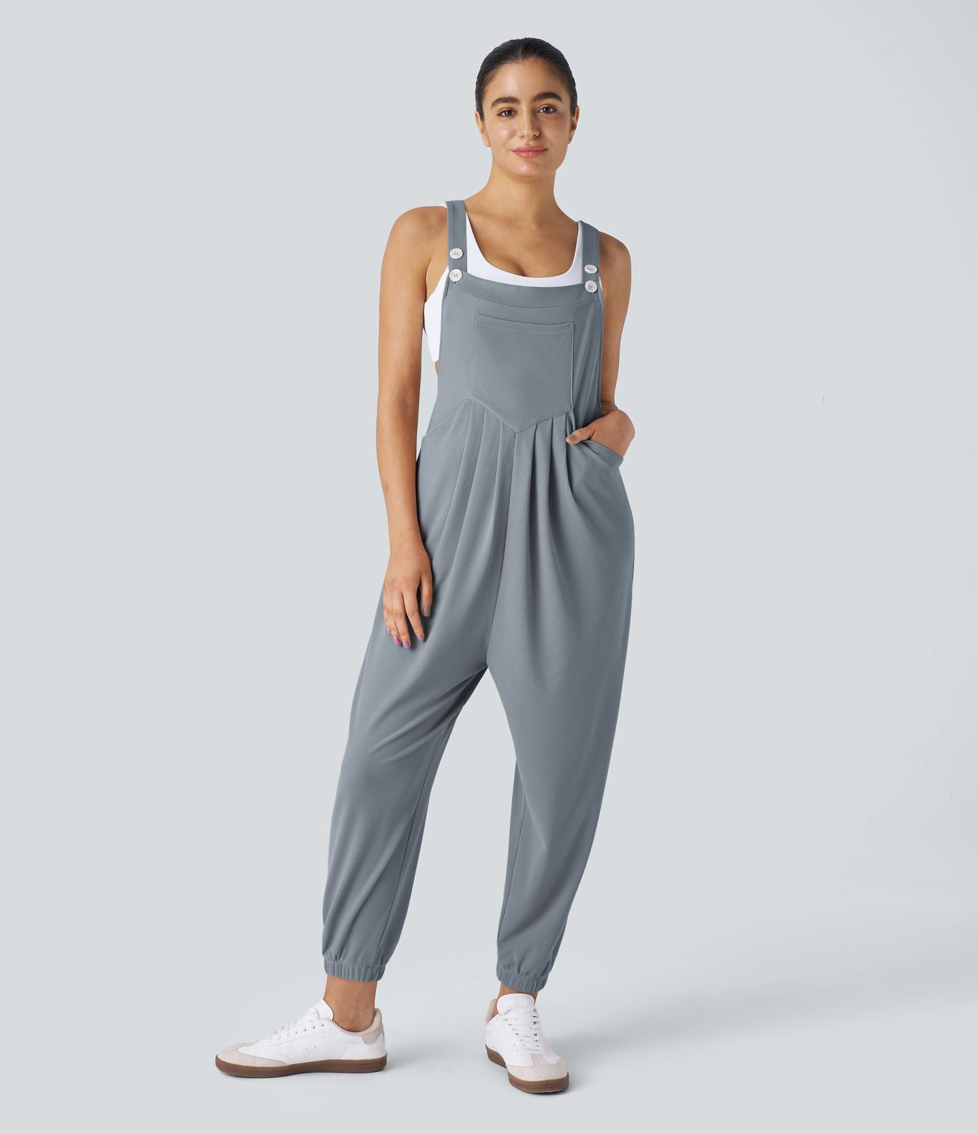 Salopette Casual Bretelles Ajustables Boutonnés Multiples Poches Plis et Tissu Gaufré